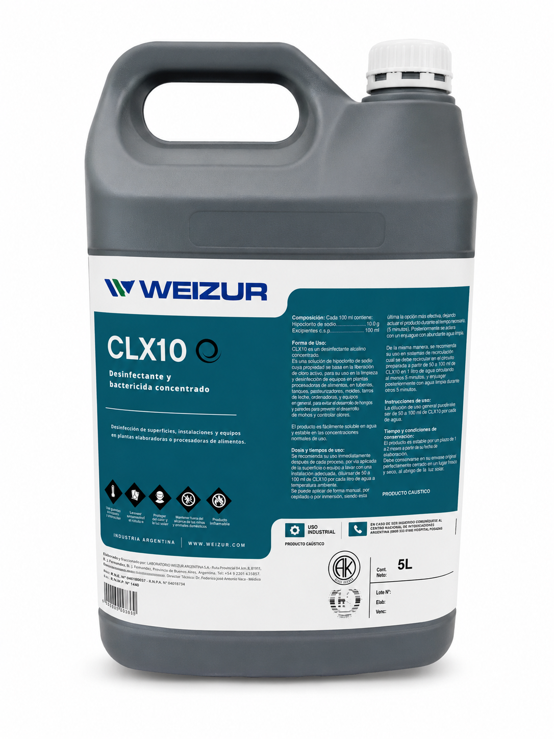 Hipoclorito de Sodio CLX10 Weizur 5 Litros – Uso Profesional e Industrial